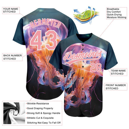 Custom Navy Medium Pink-White 3D Pattern Design Jellyfish Swimming In The Water Authentic Baseball Jersey - Sky-Custom