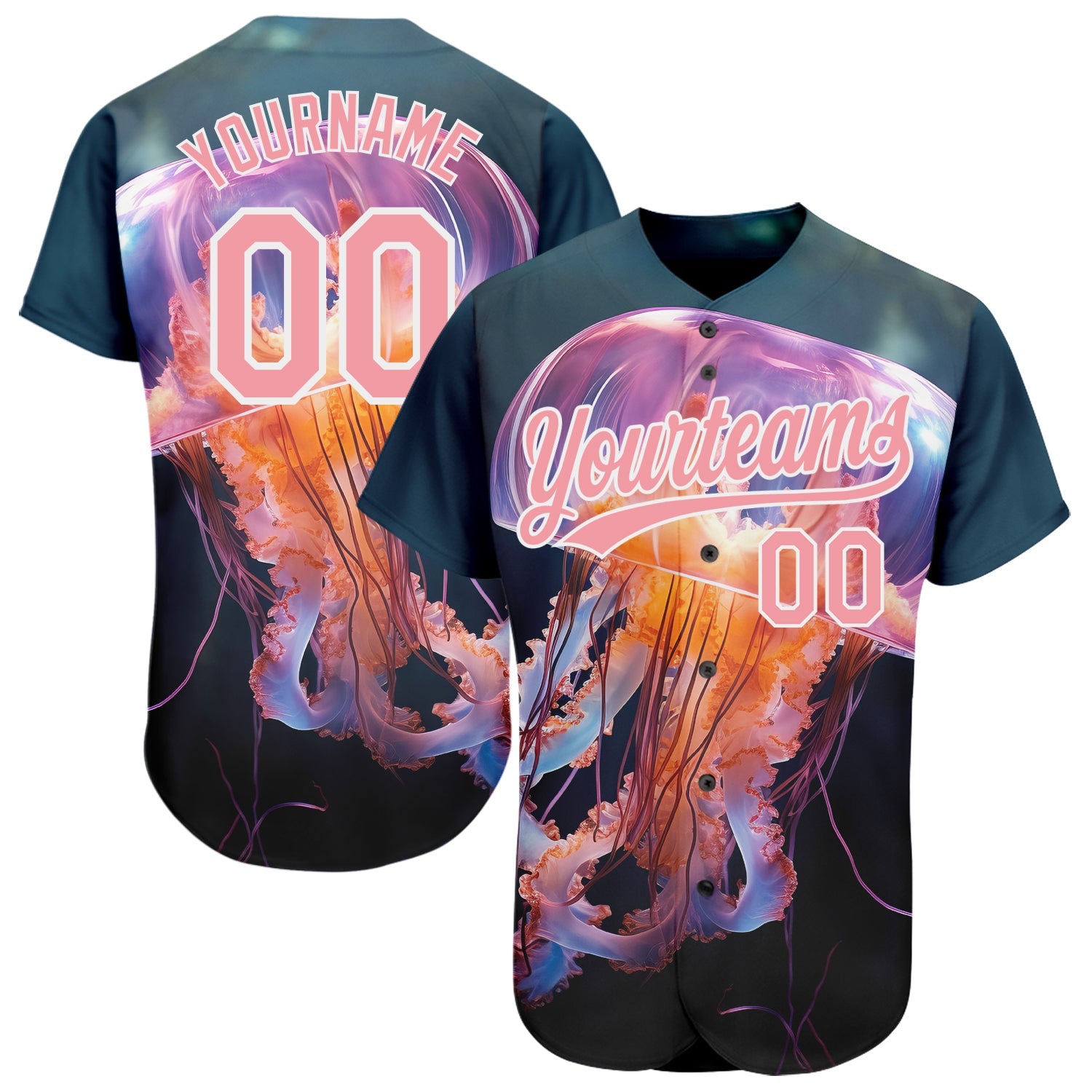 Custom Navy Medium Pink-White 3D Pattern Design Jellyfish Swimming In The Water Authentic Baseball Jersey - Sky-Custom