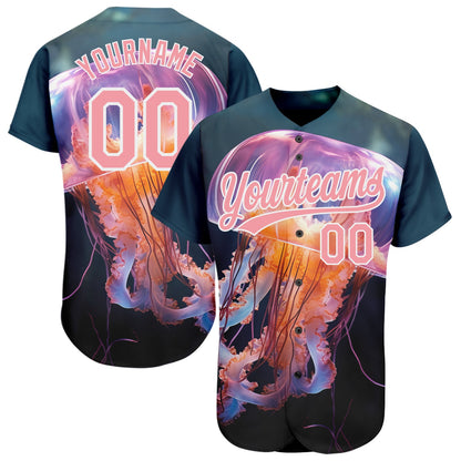 Custom Navy Medium Pink-White 3D Pattern Design Jellyfish Swimming In The Water Authentic Baseball Jersey - Sky-Custom