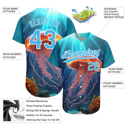 Custom Sky Blue White 3D Pattern Design Jellyfish Floating In The Ocean Authentic Baseball Jersey - Sky-Custom
