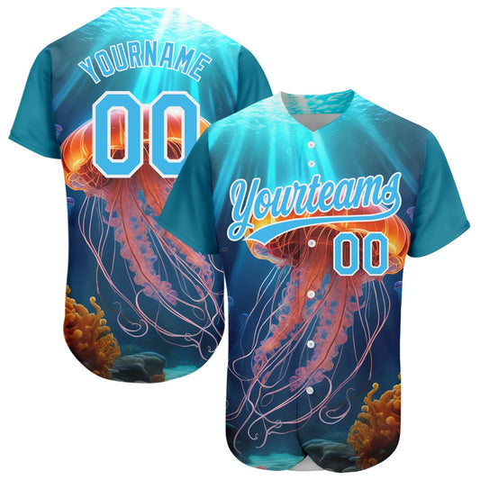 Custom Sky Blue White 3D Pattern Design Jellyfish Floating In The Ocean Authentic Baseball Jersey - Sky-Custom