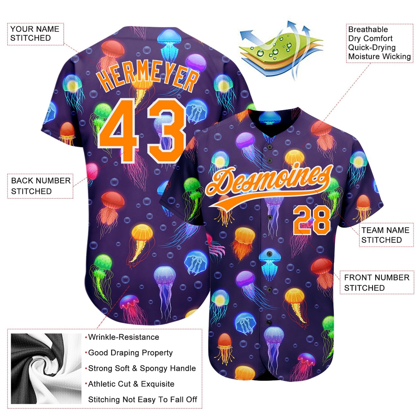 Custom Purple Bay Orange-White 3D Pattern Design Colorful Cartoon Jellyfish Authentic Baseball Jersey - Sky-Custom
