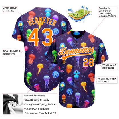 Custom Purple Bay Orange-White 3D Pattern Design Colorful Cartoon Jellyfish Authentic Baseball Jersey - Sky-Custom
