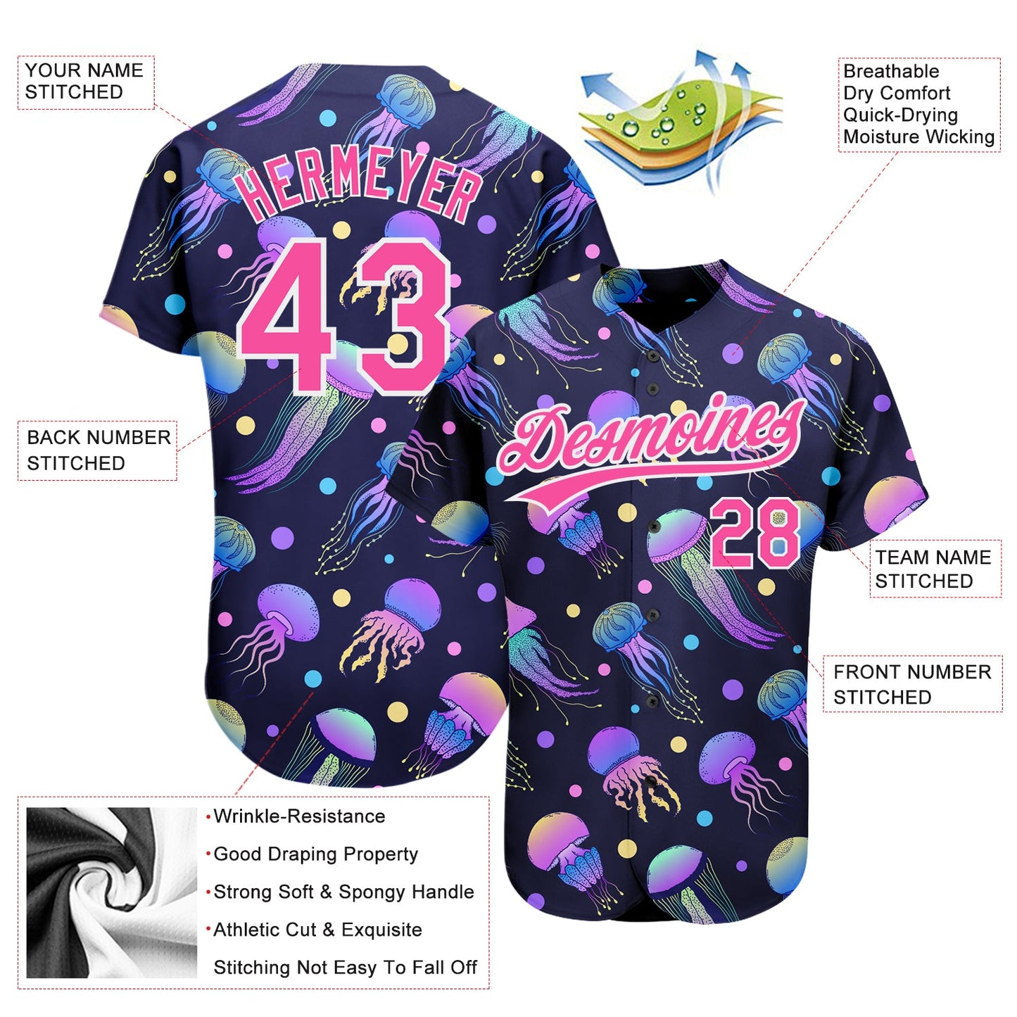 Custom Navy Pink-White 3D Pattern Design Colorful Cartoon Jellyfish Authentic Baseball Jersey - Sky-Custom