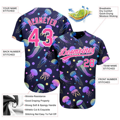 Custom Navy Pink-White 3D Pattern Design Colorful Cartoon Jellyfish Authentic Baseball Jersey - Sky-Custom
