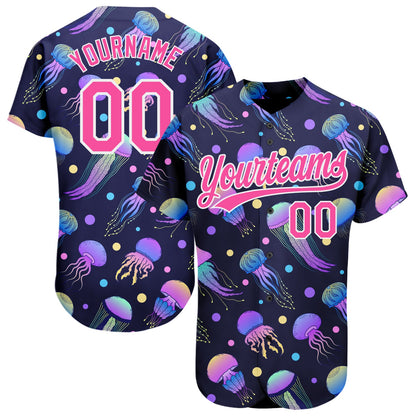Custom Navy Pink-White 3D Pattern Design Colorful Cartoon Jellyfish Authentic Baseball Jersey - Sky-Custom