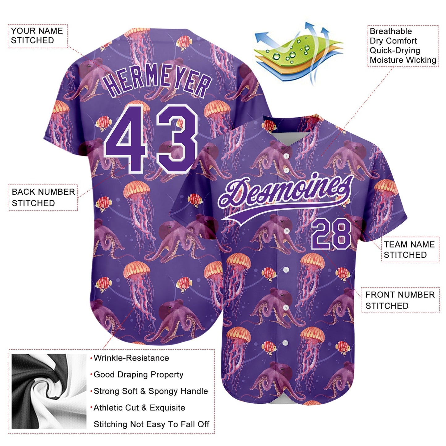 Custom Purple White 3D Pattern Design Jellyfish And Octopus Authentic Baseball Jersey - Sky-Custom