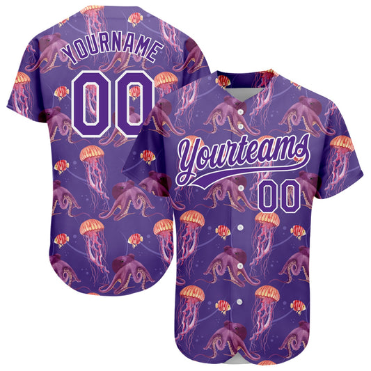 Custom Purple White 3D Pattern Design Jellyfish And Octopus Authentic Baseball Jersey - Sky-Custom