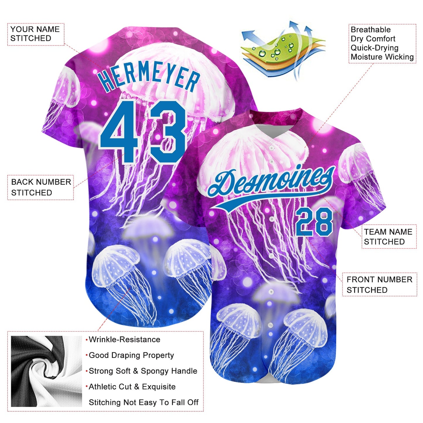 Custom Purple Blue-White 3D Pattern Design Jellyfish Authentic Baseball Jersey - Sky-Custom