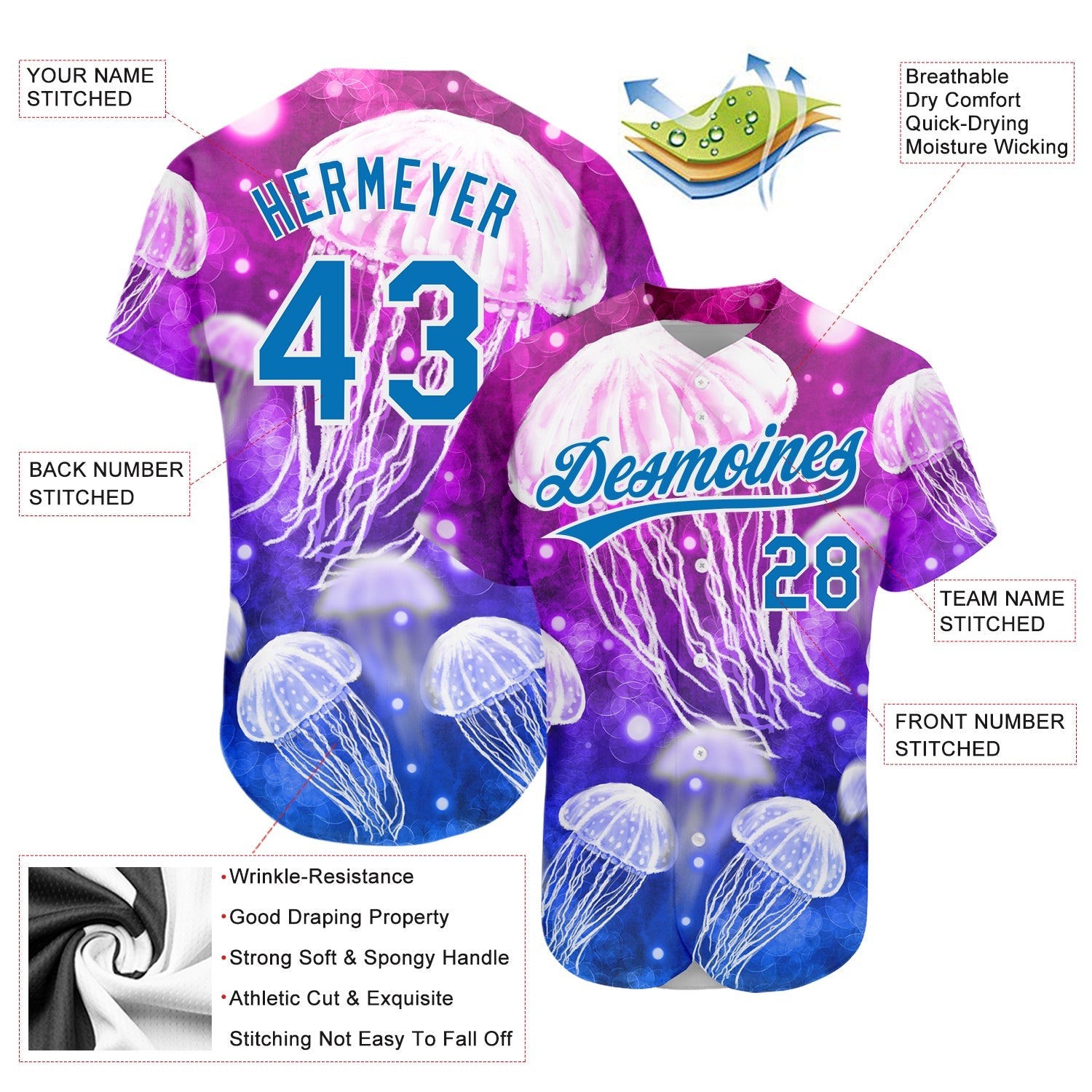 Custom Purple Blue-White 3D Pattern Design Jellyfish Authentic Baseball Jersey - Sky-Custom