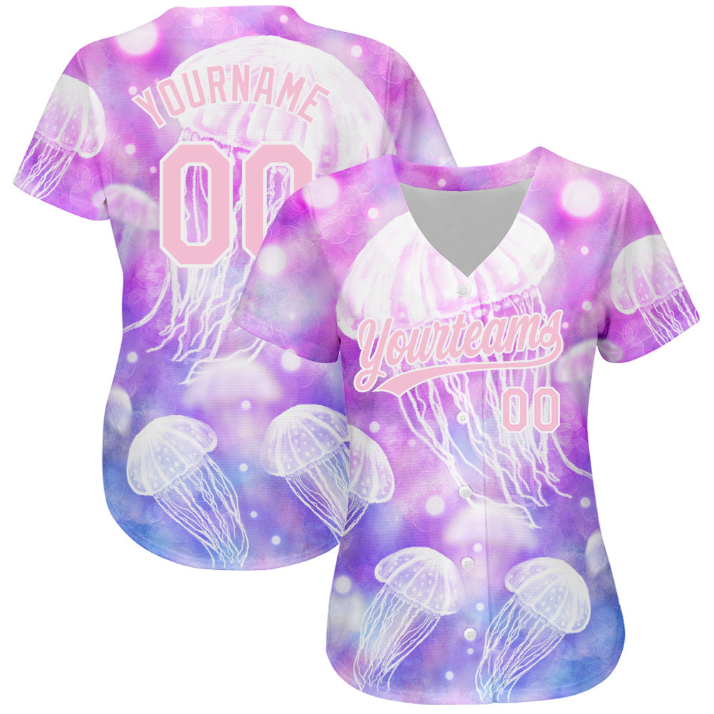 Custom Purple Light Pink-White 3D Pattern Design Jellyfish Authentic Baseball Jersey - Sky-Custom