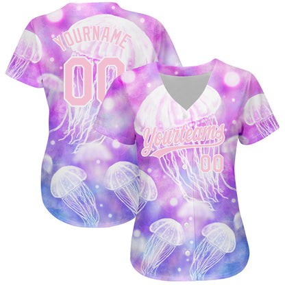 Custom Purple Light Pink-White 3D Pattern Design Jellyfish Authentic Baseball Jersey - Sky-Custom