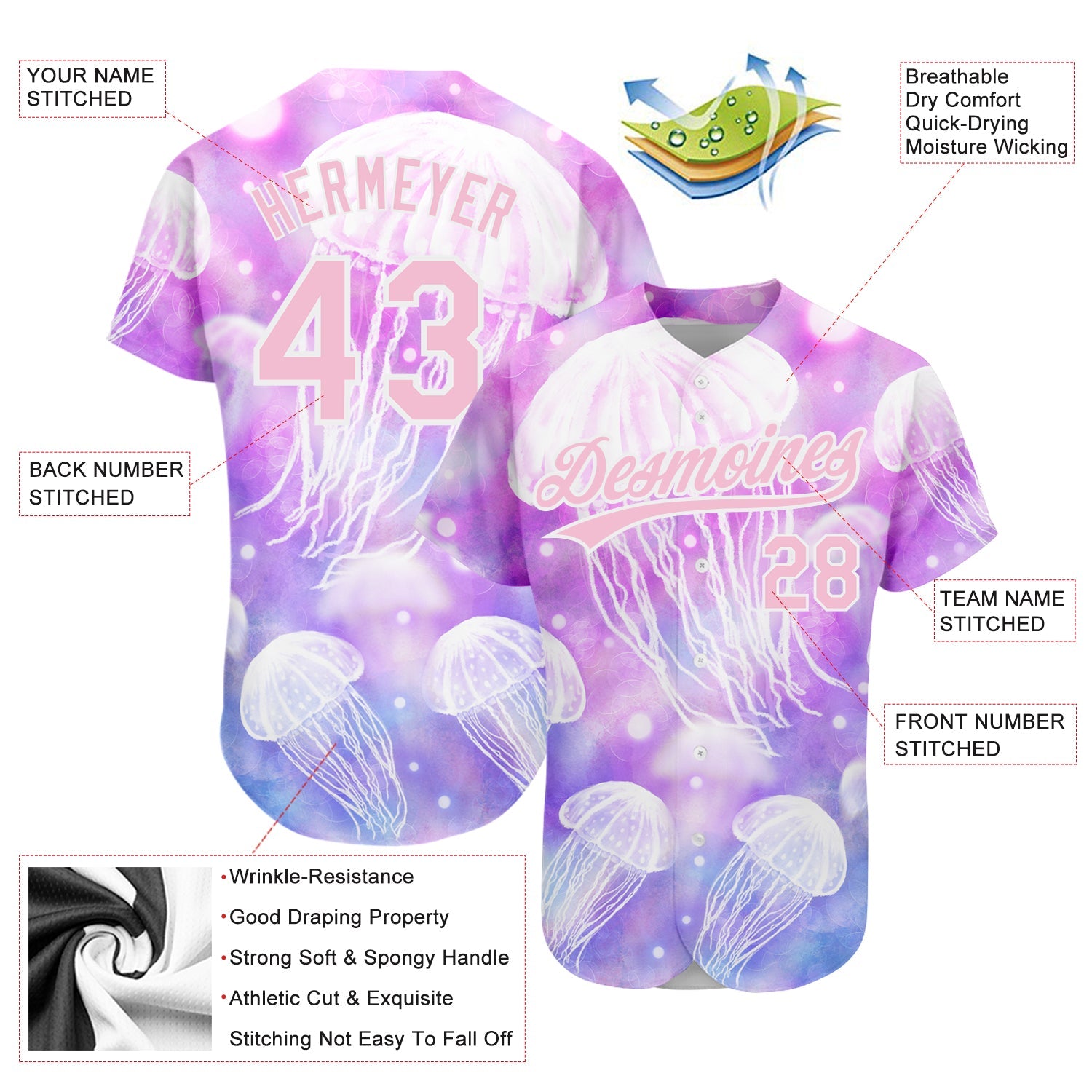 Custom Purple Light Pink-White 3D Pattern Design Jellyfish Authentic Baseball Jersey - Sky-Custom
