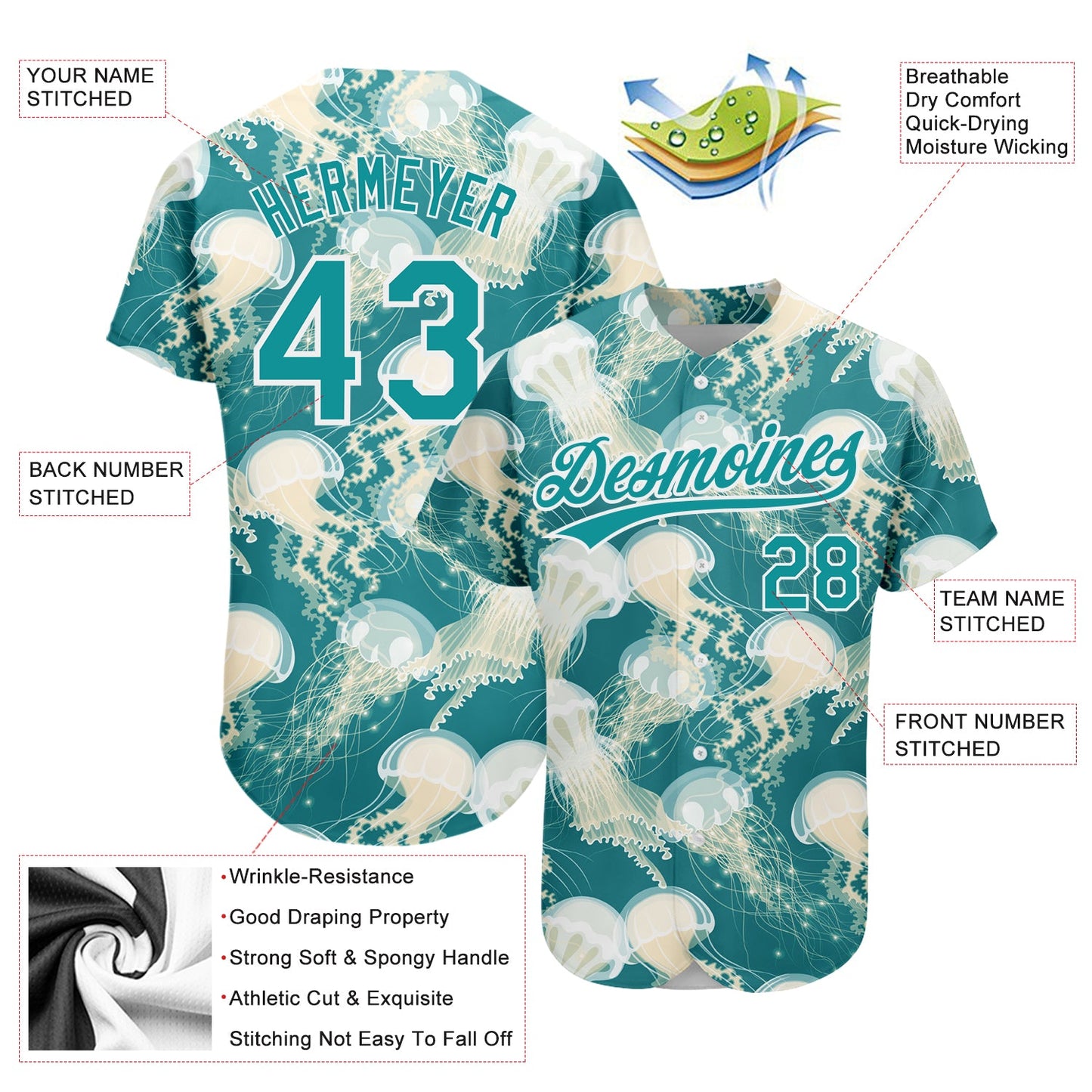 Custom Teal White 3D Pattern Design Jellyfish Authentic Baseball Jersey - Sky-Custom
