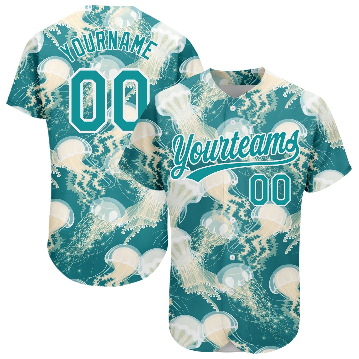 Custom Teal White 3D Pattern Design Jellyfish Authentic Baseball Jersey - Sky-Custom