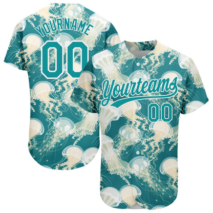 Custom Teal White 3D Pattern Design Jellyfish Authentic Baseball Jersey - Sky-Custom
