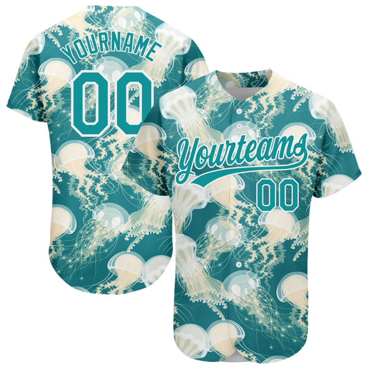 Custom Teal White 3D Pattern Design Jellyfish Authentic Baseball Jersey - Sky-Custom