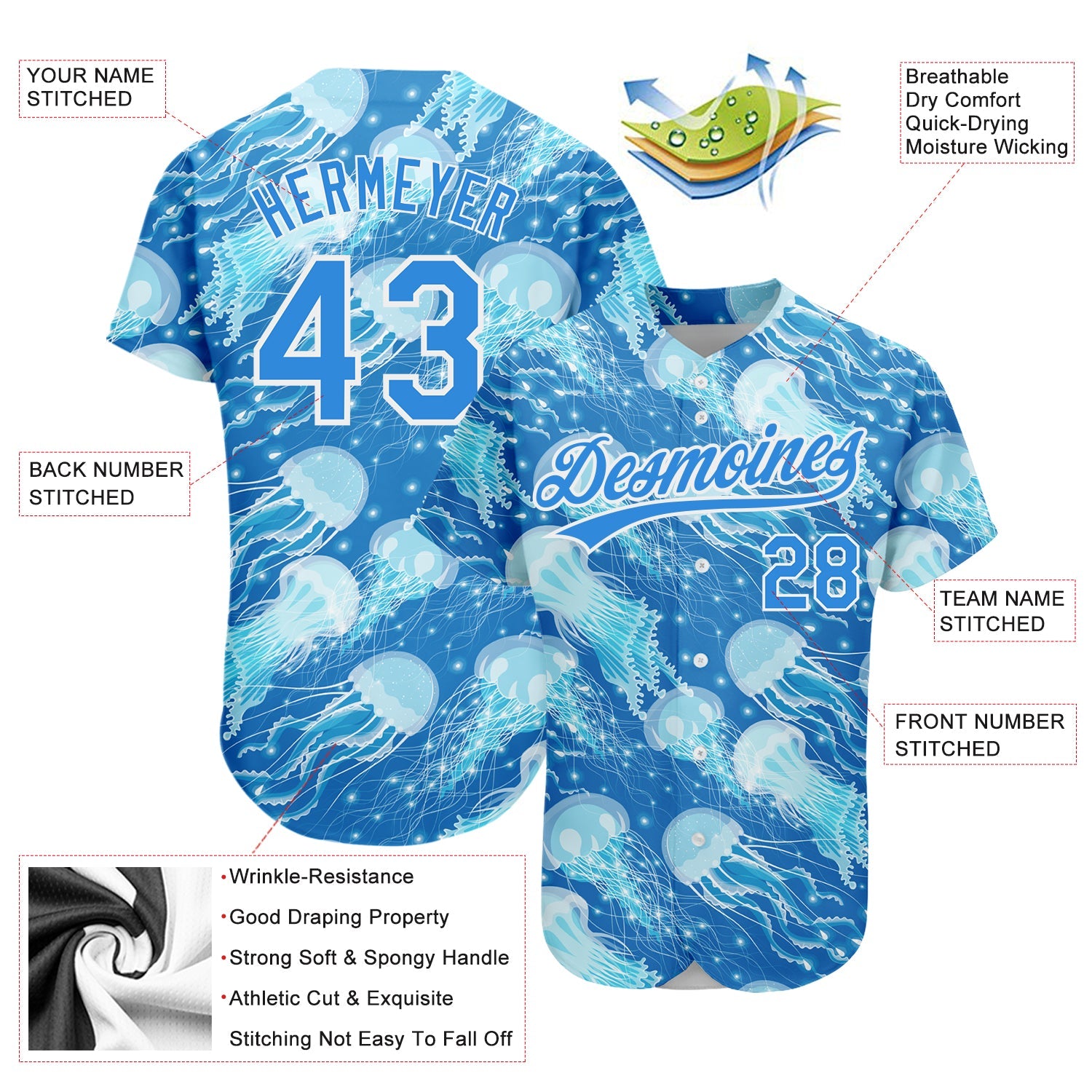 Custom Electric Blue White 3D Pattern Design Jellyfish Authentic Baseball Jersey - Sky-Custom