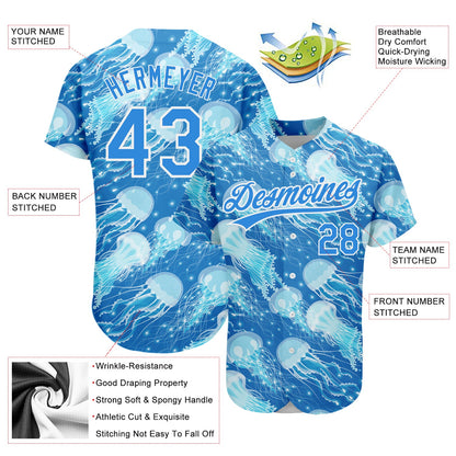 Custom Electric Blue White 3D Pattern Design Jellyfish Authentic Baseball Jersey - Sky-Custom