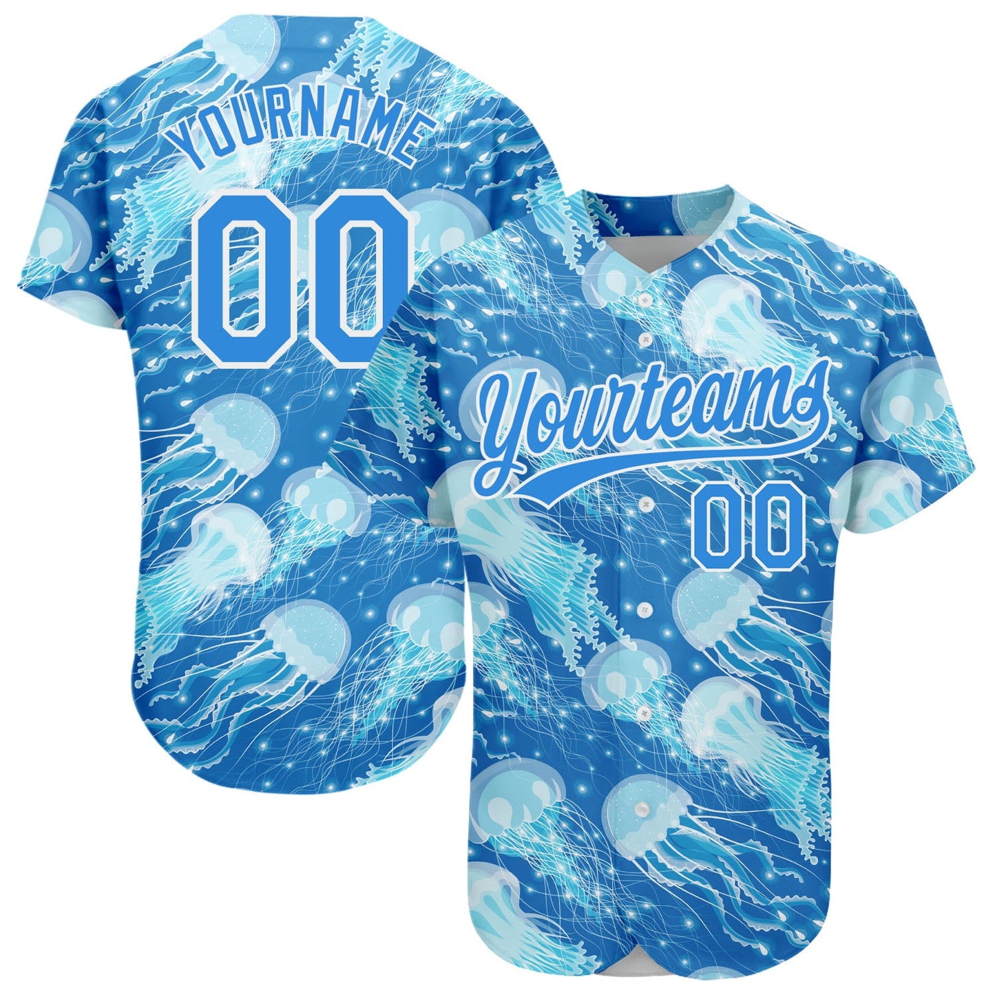 Custom Electric Blue White 3D Pattern Design Jellyfish Authentic Baseball Jersey - Sky-Custom
