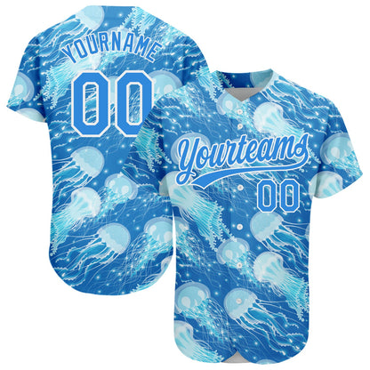 Custom Electric Blue White 3D Pattern Design Jellyfish Authentic Baseball Jersey - Sky-Custom