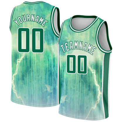 Custom Pea Green Kelly Green-White Abstract Watercolor Monsoon Authentic City Edition Basketball Jersey - Sky-Custom