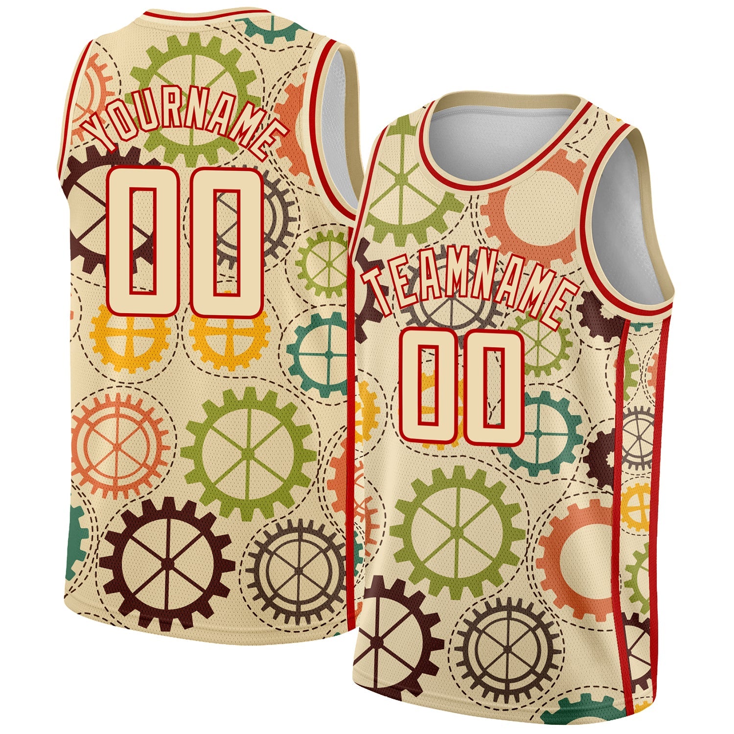 Custom Cream Red 3D Pattern Design Vintage Gears Authentic Basketball Jersey - Sky-Custom