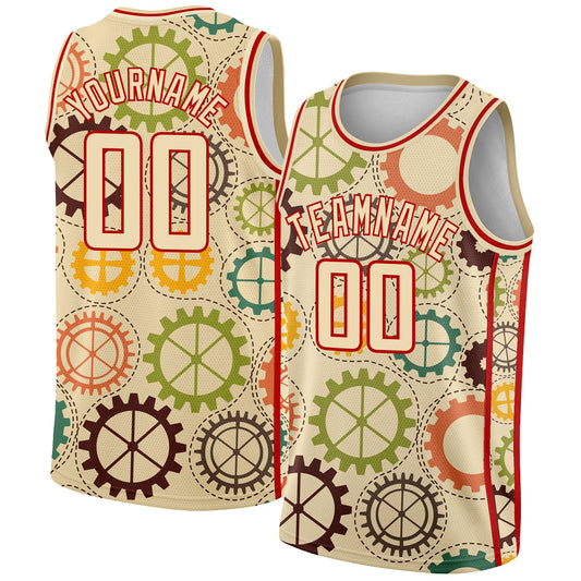 Custom Cream Red 3D Pattern Design Vintage Gears Authentic Basketball Jersey - Sky-Custom