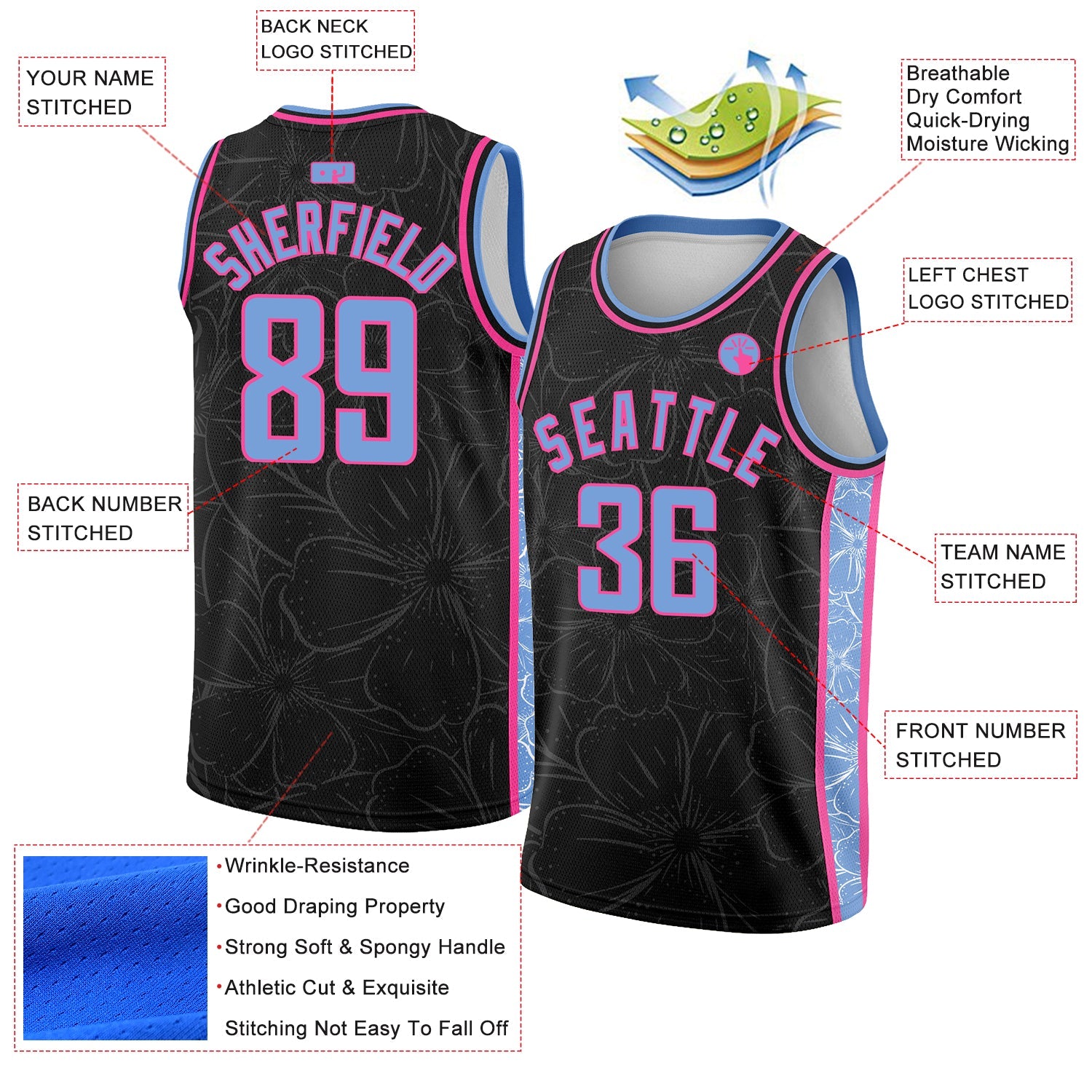 Custom Black Light Blue-Pink Flowers Authentic City Edition Basketball Jersey - Sky-Custom
