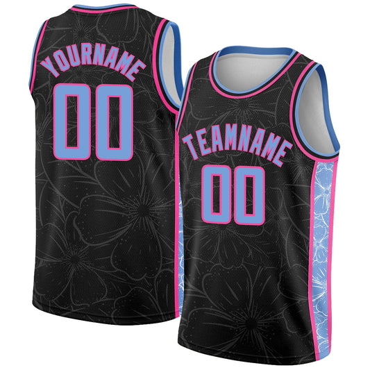 Custom Black Light Blue-Pink Flowers Authentic City Edition Basketball Jersey - Sky-Custom