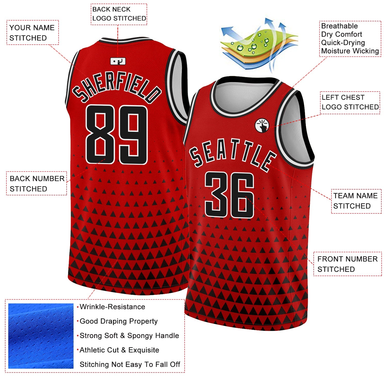 Custom Red Black-White Triangle Shapes Authentic City Edition Basketball Jersey - Sky-Custom