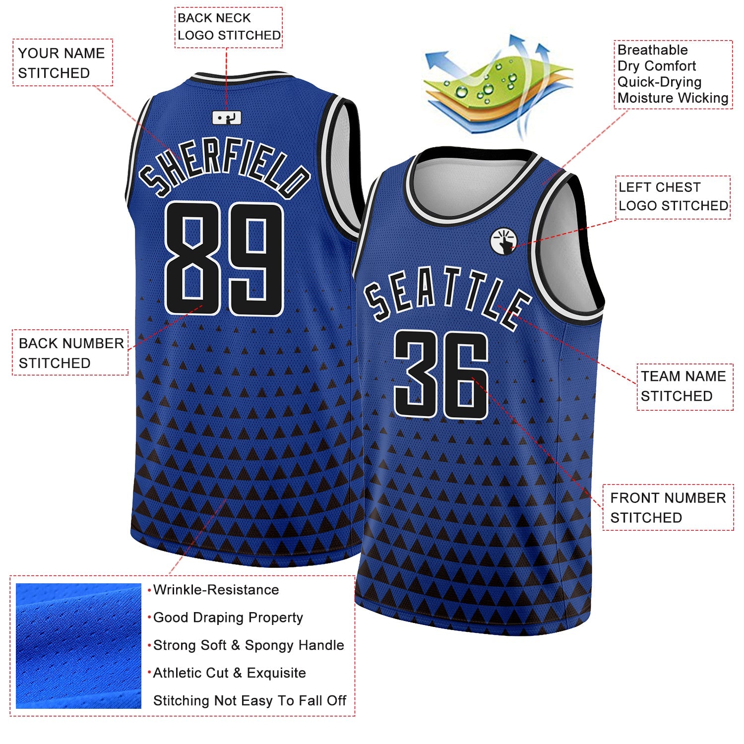 Custom Royal Black-White Triangle Shapes Authentic City Edition Basketball Jersey - Sky-Custom