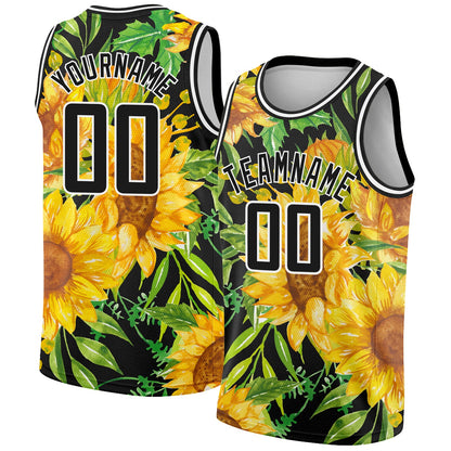 Custom Black Gold-White 3D Pattern Design Sunflowers Authentic Basketball Jersey - Sky-Custom
