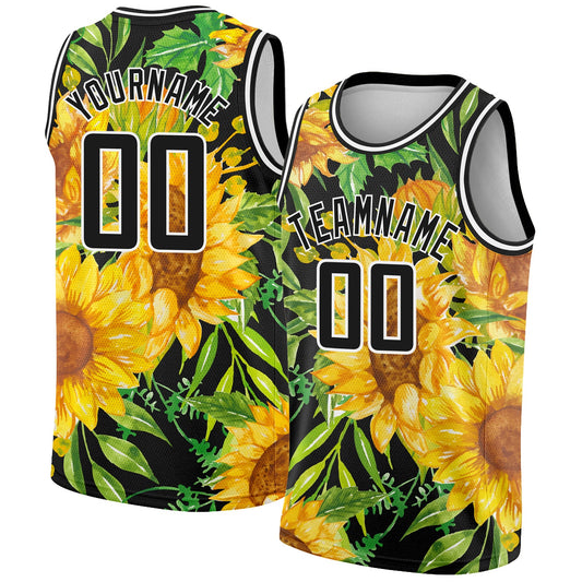 Custom Black Gold-White 3D Pattern Design Sunflowers Authentic Basketball Jersey - Sky-Custom