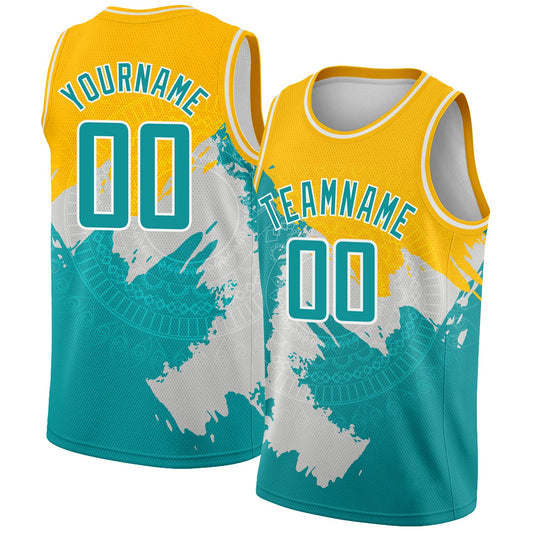 Custom Gold Aqua-White 3D Pattern Design Religion Authentic Basketball Jersey - Sky-Custom