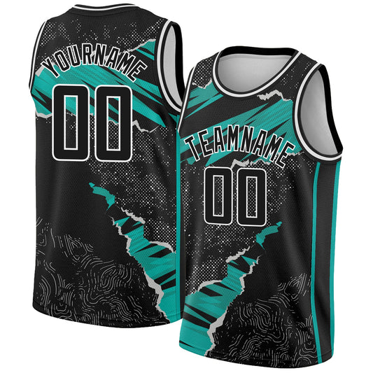 Custom Black Aqua-White 3D Pattern Design Torn Paper Style Authentic Basketball Jersey - Sky-Custom