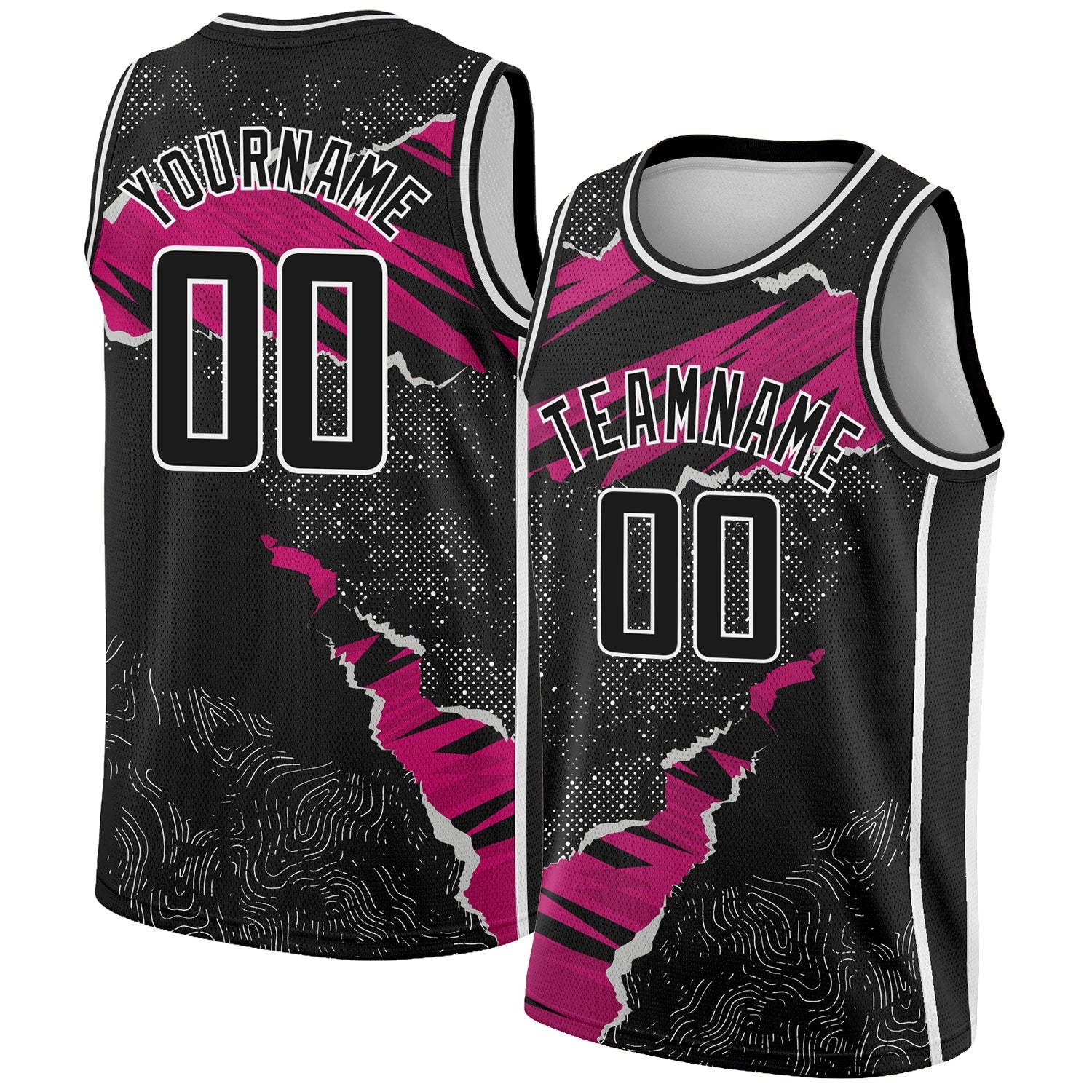 Custom Black Deep Pink-White 3D Pattern Design Torn Paper Style Authentic Basketball Jersey - Sky-Custom