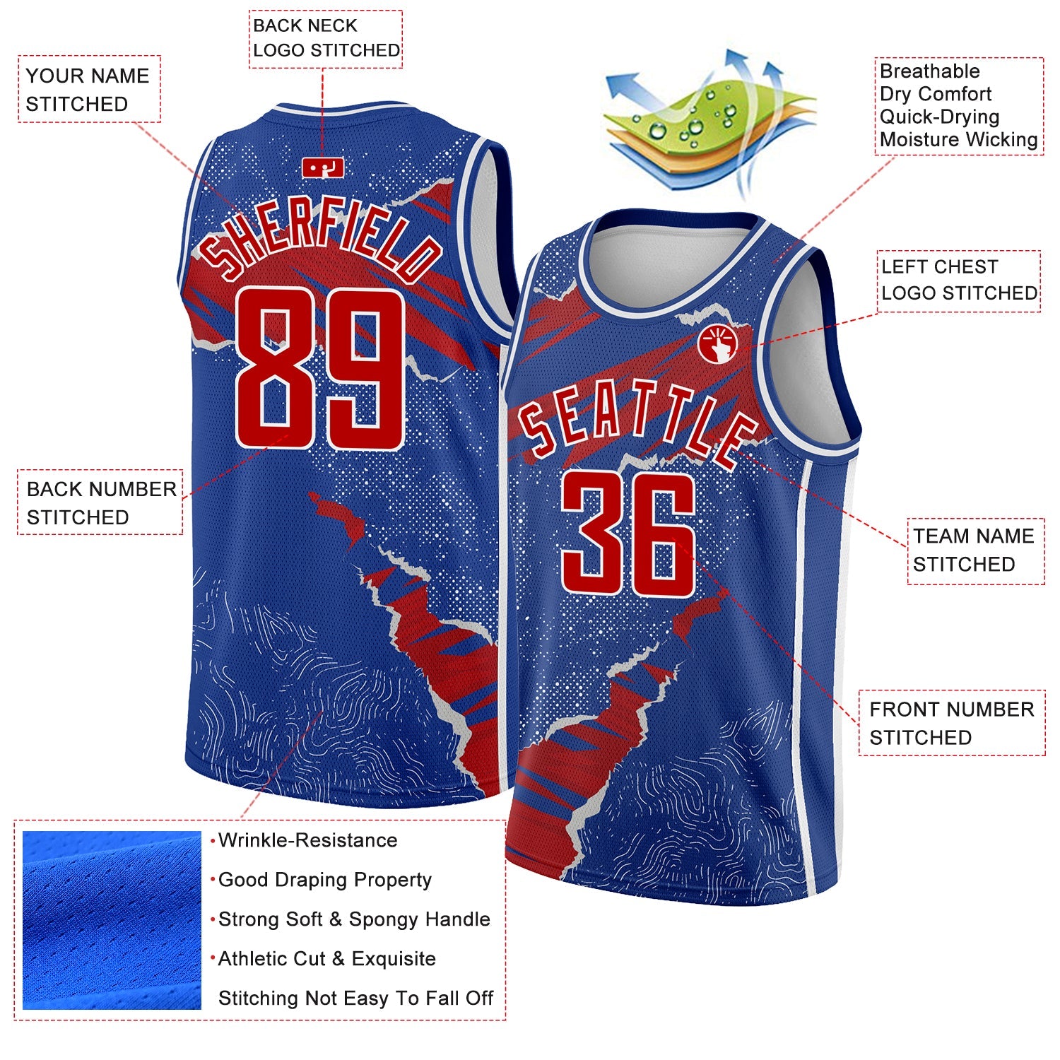 Custom Royal Red-White 3D Pattern Design Torn Paper Style Authentic Basketball Jersey - Sky-Custom