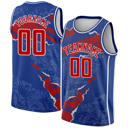 Custom Royal Red-White 3D Pattern Design Torn Paper Style Authentic Basketball Jersey - Sky-Custom