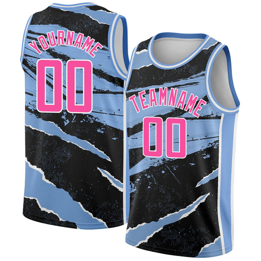 Custom Black Pink-Light Blue 3D Pattern Design Torn Paper Style Authentic Basketball Jersey - Sky-Custom