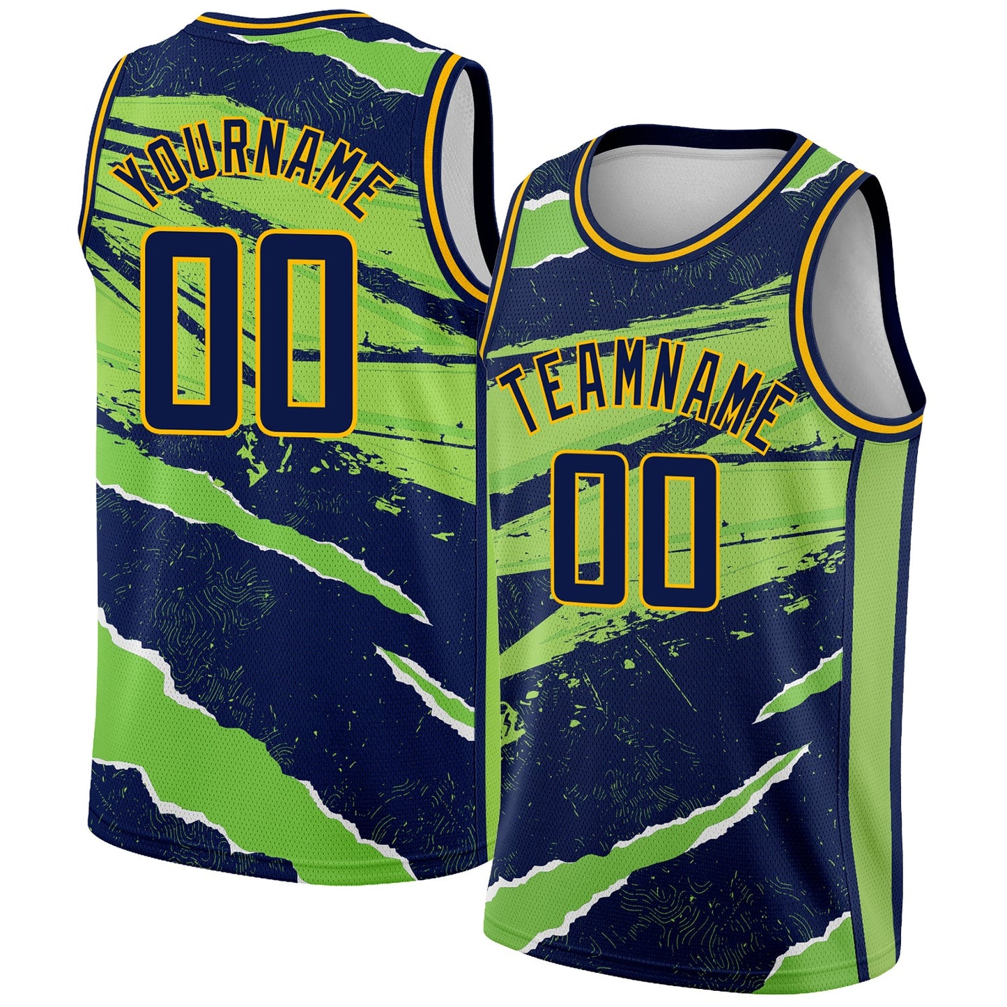 Custom Navy Neon Green-Gold 3D Pattern Design Torn Paper Style Authentic Basketball Jersey - Sky-Custom