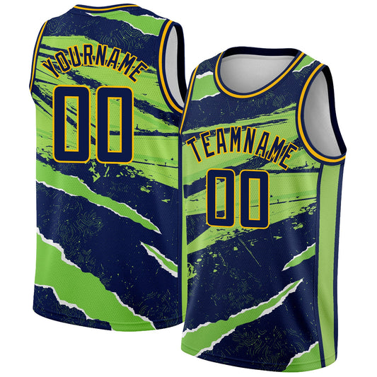 Custom Navy Neon Green-Gold 3D Pattern Design Torn Paper Style Authentic Basketball Jersey - Sky-Custom