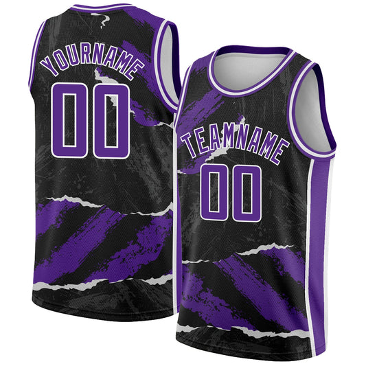 Custom Black Purple-White 3D Pattern Design Torn Paper Style Authentic Basketball Jersey - Sky-Custom