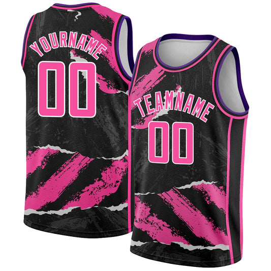Custom Black Pink-White 3D Pattern Design Torn Paper Style Authentic Basketball Jersey - Sky-Custom
