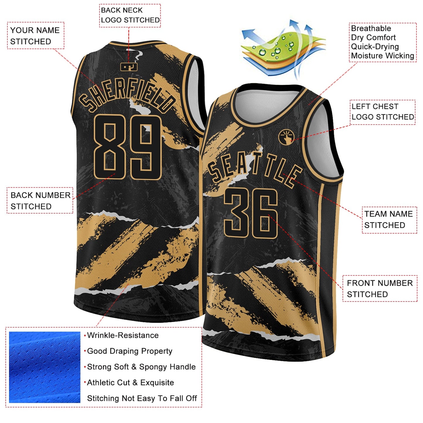 Custom Black Old Gold 3D Pattern Design Torn Paper Style Authentic Basketball Jersey - Sky-Custom