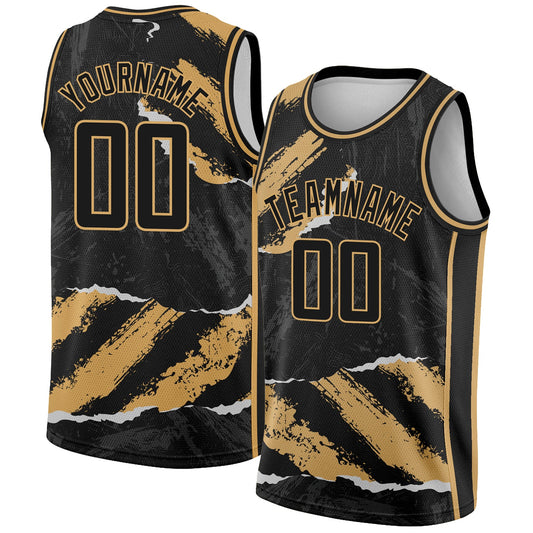 Custom Black Old Gold 3D Pattern Design Torn Paper Style Authentic Basketball Jersey - Sky-Custom