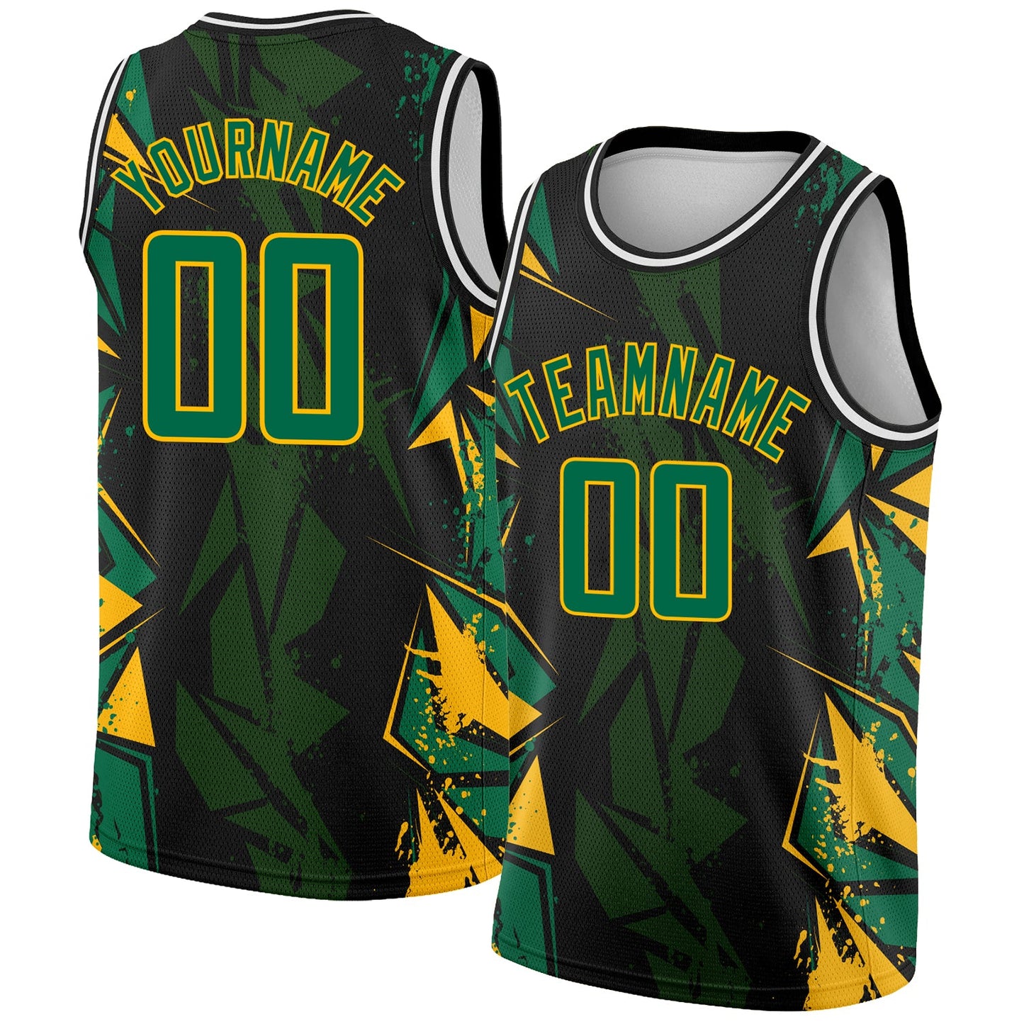Custom Black Kelly Green-Gold 3D Pattern Design Geometric Shapes Authentic Basketball Jersey - Sky-Custom