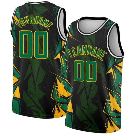 Custom Black Kelly Green-Gold 3D Pattern Design Geometric Shapes Authentic Basketball Jersey - Sky-Custom
