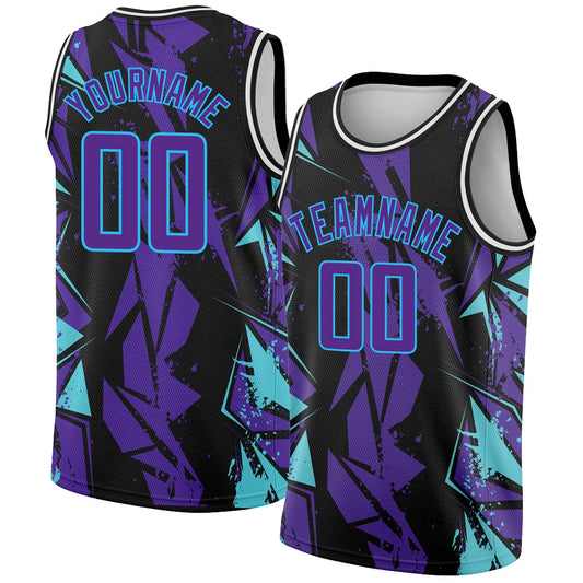 Custom Black Purple-Sky Blue 3D Pattern Design Geometric Shapes Authentic Basketball Jersey - Sky-Custom
