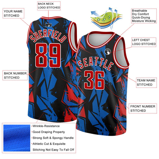 Custom Black Red-Blue 3D Pattern Design Geometric Shapes Authentic Basketball Jersey - Sky-Custom
